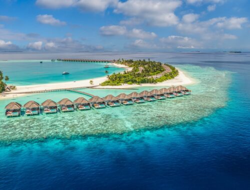 aerial view of maldives overwater bungalows