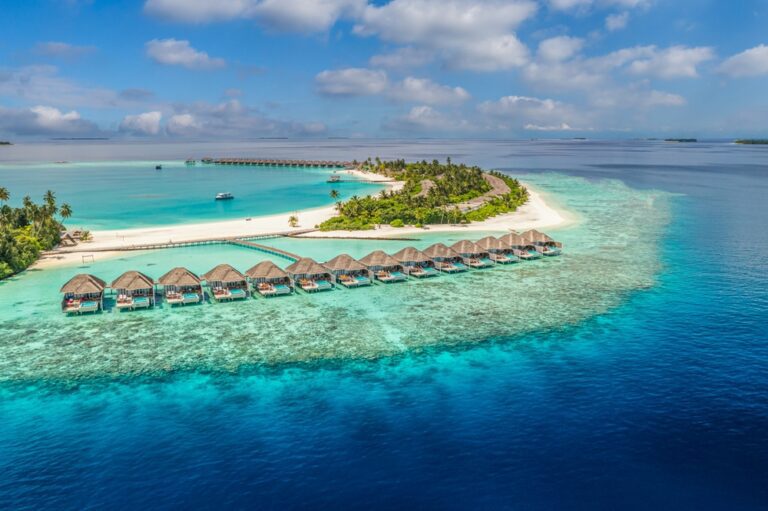 aerial view of maldives overwater bungalows