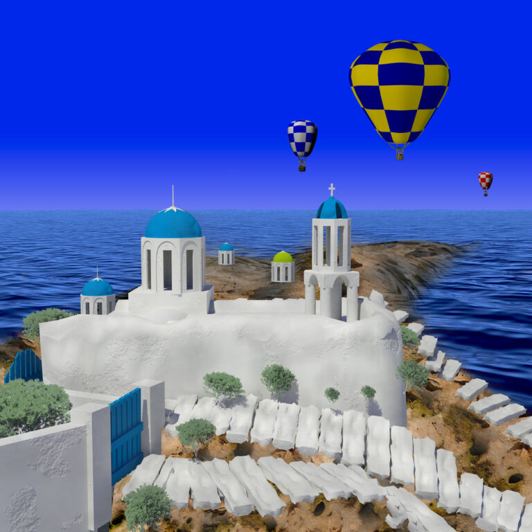 Greece,Style,Building,With,Colorful,Hot,Air,Balloons