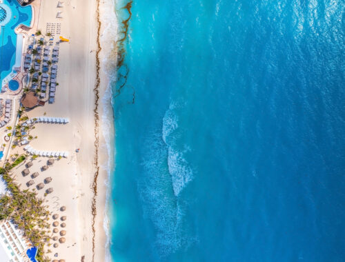 Aerial view of Punta Norte beach, Cancun, México