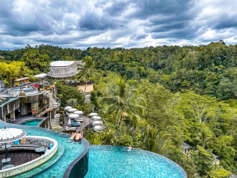 Jungle pool and bar overlooking rice terraces in Ubud, Bali, Indonesia