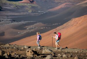 couple hiking volcano