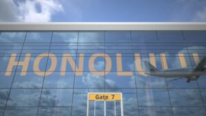 Reflection on glass terminal for Honolulu Airport