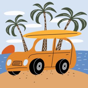 Bright cartoon car with surfboard on tropical beach. Flat vector illustration in playful children’s style with palm trees, ocean and summer vibes