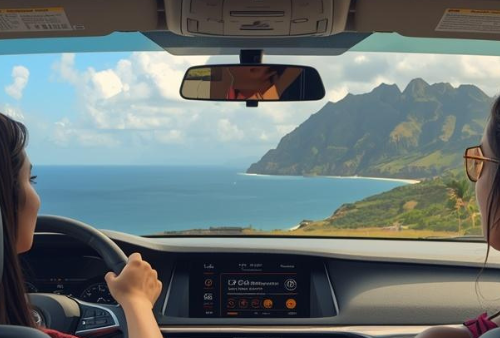 View from driving car of Hawaii mountain and ocean scenery.