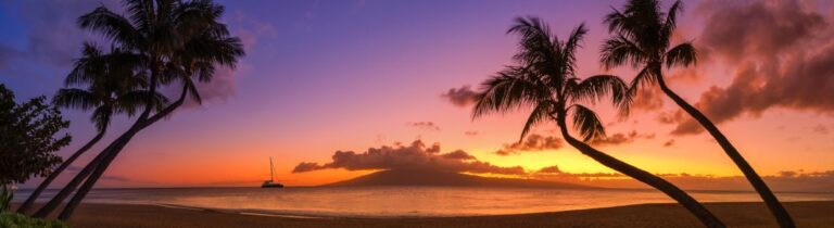 Purple, yellow, orange sunset view at the beach with palm trees and sail boat on water
