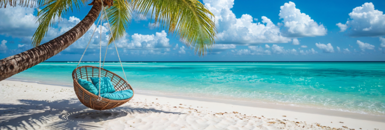 Rattan chair hanging on palm tree on beach.