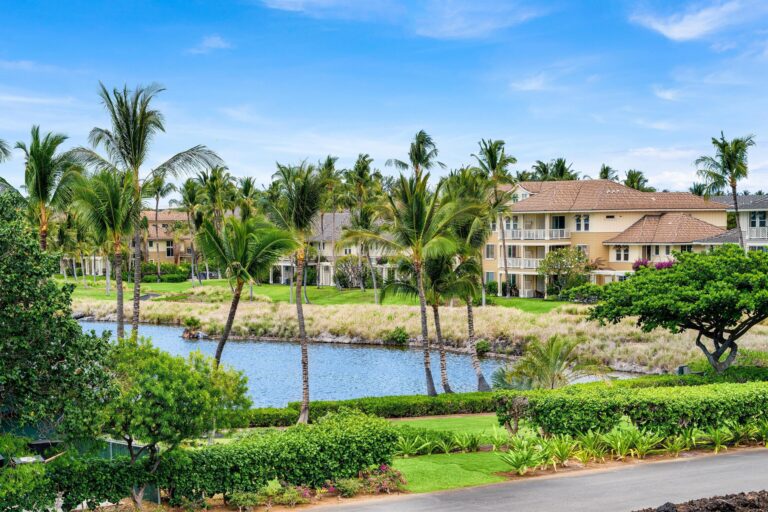 Distant view of beach villas with palm trees at water's edge.