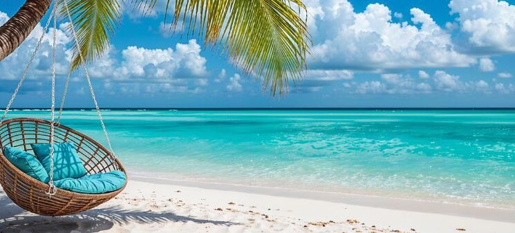 Rattan chair hanging on palm tree on beach.