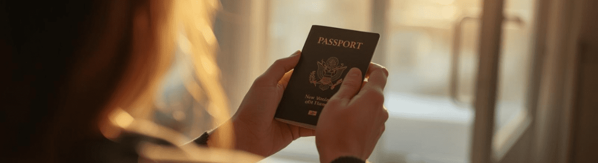 looking over woman's shoulder, she is holding a passport