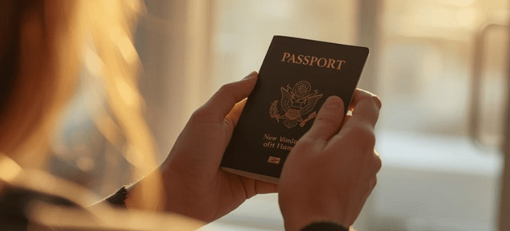looking over woman's shoulder, she is holding a passport