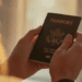 looking over woman's shoulder, she is holding a passport