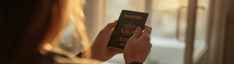 looking over woman's shoulder, she is holding a passport