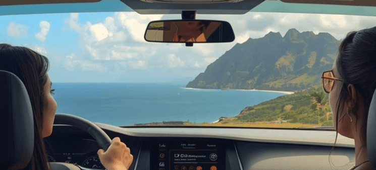 View from driving car of Hawaii mountain and ocean scenery.