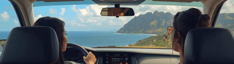 View from driving car of Hawaii mountain and ocean scenery.