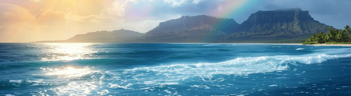 Rainbow and sun over tropical island beach