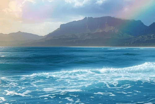 Rainbow and sun over tropical island beach