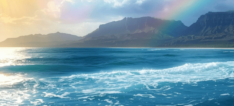 Rainbow and sun over tropical island beach
