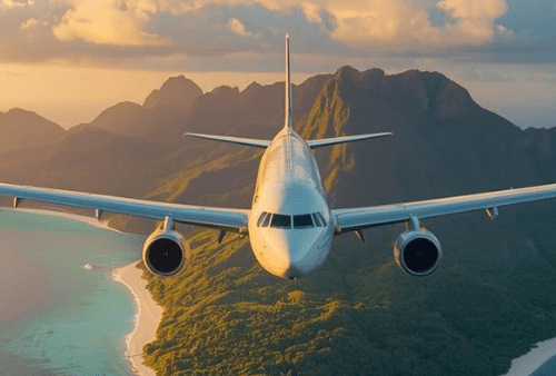 Aiplane flying over tropical island during sunset
