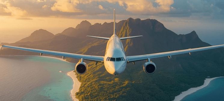 Aiplane flying over tropical island during sunset