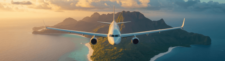 Aiplane flying over tropical island during sunset
