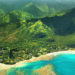 Hawaii aerial view, shoreline beach, lush green mountains