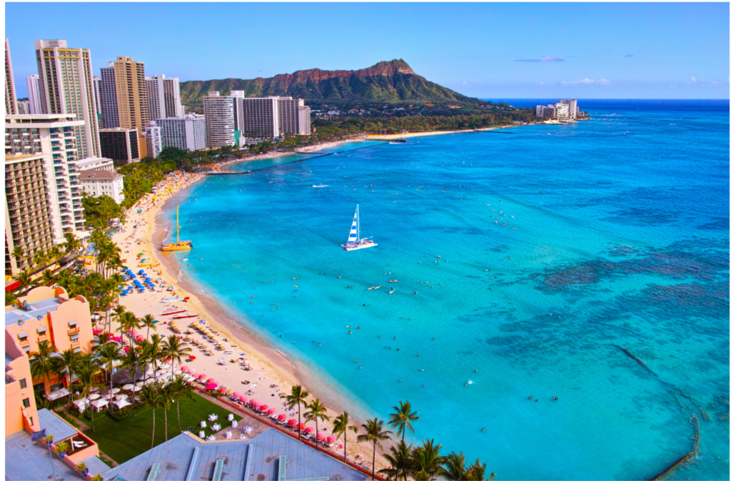 Aerial view of Waikiki Beach, hotels, and Diamond Head