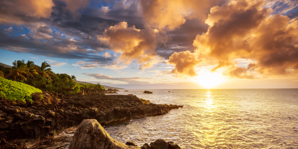 Rocky Hawaiian coastline, green foliage, clouds bathed in yellow/orange sunlight.