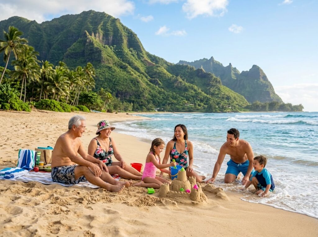 3 generations of family relaxing on tropical beach - kis building sand castle.