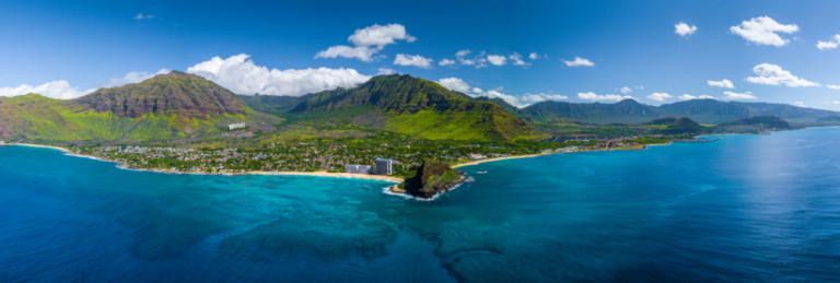 Aerial panorama of the west coast of Oahu near Makaha Valley, Hawaii