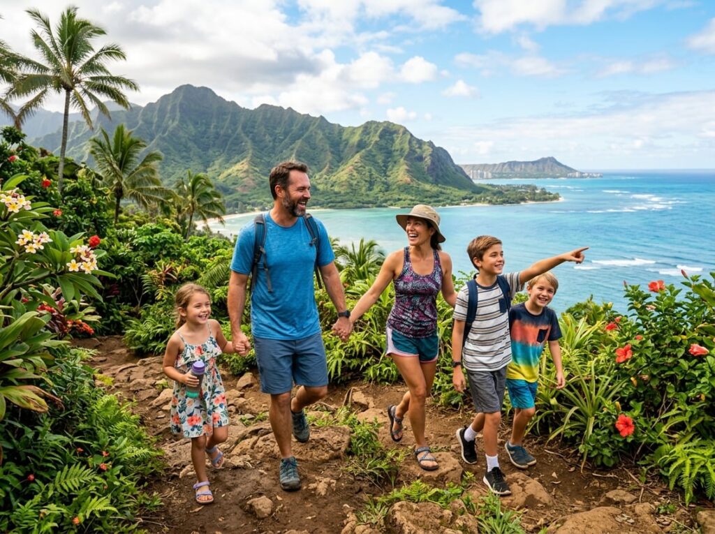 family of four hiking in hawaii with mountains and ocean in background