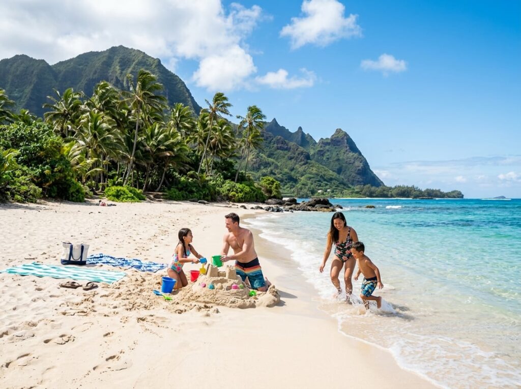 Family building snd castle on beach with lush green mountain in background.