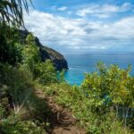 Hiking trail on coast edge with blue ocean below.