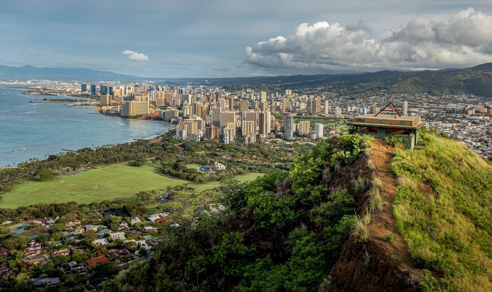 A drone view of the lake and the city of Honolulu, Hawaii, from the Diamond Head Hike