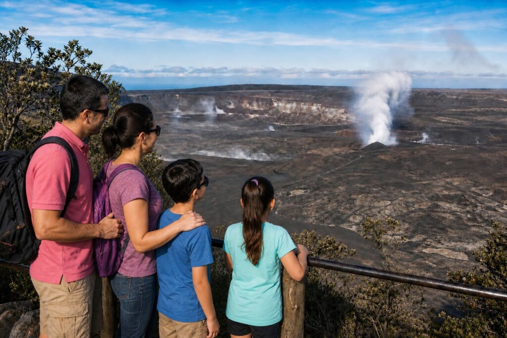 family viewing crater from lookout point in hawaii volcanoes national park